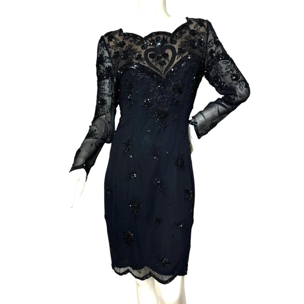 Exquisite Oleg Cassini silk dress with incredible beading and sheer illusion
